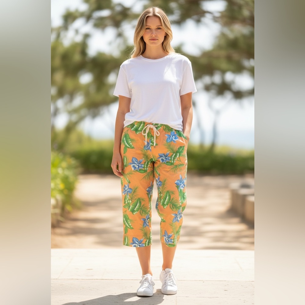 Lauren Ralph Lauren Orange Floral Cotton Capri Pants Size 16 - Picture 12 of 14